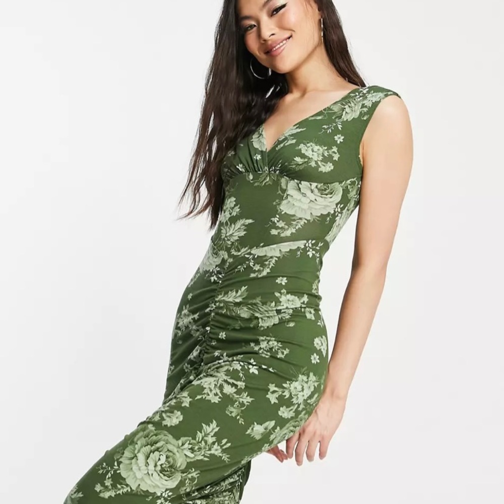 ASOS DESIGN corset dropped waist midi dress in green floral print